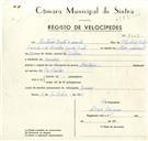 Registo de velocípede de marca Martano, com o nº 9339, em nome de António Prata Camilo, morador em Queluz.