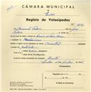 Registo de velocípede de marca Oriental, com o nº 3736, em nome de Manuel Veloso, morador em Lameiras.