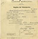 Registo de velocípede de marca Helios, com o nº 2259, em nome de Augusto Manuel Amaral Tavares de Carvalho, morador em Sintra.