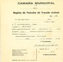 Registo de um veiculo de duas rodas tirado por um animal de espécie asinina destinado a transporte de mercadorias em nome de João Miguel Pedroso, morador em Chão de Meninos.