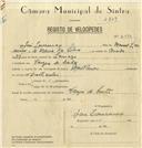 Registo de velocípede com o nº 6986, em nome de José Lourenço, morador em Várzea de Sintra.