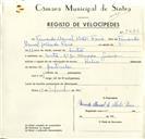 Registo de velocípede de marca Helios, com o nº 9276, em nome de Fernando Manuel Matos Faria, morador em Sintra.