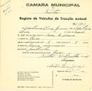 Registo de um veiculo de duas rodas tirado por dois animais de espécie bovina destinado a transporte de mercadorias em nome de António Luís Júnior, morador em Covas.
