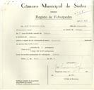 Registo de velocípede de marca Especial, com o nº 8983, em nome de José Francisco Leal, morador em Sabugo.
