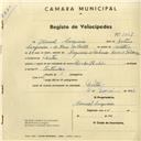 Registo de velocípede de marca Helios, com o nº 2867, em nome de Manuel Cerqueira, morador em Sintra.