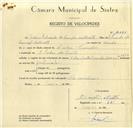 Registo de velocípede de marca Vilar com motor Cuciolo, com o nº 10088, em nome de Mário Eduardo de Campos Mathiotte, morador em S. Pedro de Sintra.