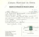 Registo de um veiculo de duas rodas tirado por um animal de espécie muar destinado a transporte de mercadorias em nome de Artur Rodrigues, morador na Rua Augusto Freire, Sintra.