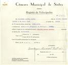 Registo de velocípede de marca Cimati, com o nº 8909, em nome de Domingos Manuel Patrão, morador em Alcolombal.