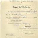 Registo de velocípede de marca Zenith, com o nº 1176, em nome de José Luciano Marques, morador em Terrugem.