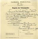 Registo de velocípede de marca Nadir, com o nº 1885, em nome de Fernando David Martins Ferreira, morador em Rua Elias Garcia nº 46, Queluz.