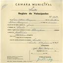 Registo de velocípede de marca Champion, com o nº 3912, em nome de João Alves Marques, morador em Sintra.