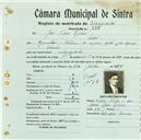 Registo de matricula de velocipedista em nome de José Pedro Ribeiro, morador em Sintra, com o nº de inscrição 838.