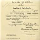 Registo de velocípede de marca Origon, com o nº 1688, em nome de Fernando Moncado, morador em Mem Martins.