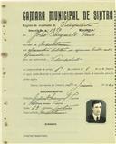 Registo de matricula de velocipedista em nome de João Augusto Pais, morador em Montelavar, com o nº de inscrição 1850.