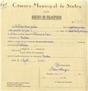 Registo de velocípede com o nº 6568, em nome de António Dias Janelas, morador em Queluz.