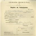Registo de velocípede de marca Nacional, com o nº 3938, em nome de António dos Anjos Rodrigues, morador em Casal do Pelão, Belas.