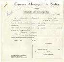 Registo de velocípede com o nº 9073, em nome de Sebastião Riquado, morador em Pero Pinheiro.