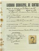Registo de matricula de velocipedista em nome de Raul Marinho Tomé, morador em Colares, com o nº de inscrição 899.