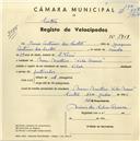 Registo de velocípede de marca Vilar, com o nº 3761, em nome de Irene Antunes dos Santos, moradora em Mem Martins.