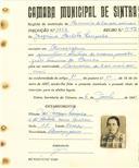 Registo de matricula de carroceiro de 2 ou mais animais em nome de Joaquina Carlota Louçada, moradora em Almoçageme, com o nº de inscrição 1954.