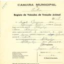 Registo de um veiculo de duas rodas tirado por dois animais de espécie bovina destinado a transporte de mercadorias em nome de Augusto Domingos, morador na Aldeia Galega.