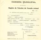 Registo de um veiculo de duas rodas tirado por dois animais de espécie bovina destinado a transporte de mercadorias em nome de Sociedade Civil Agrícola Serra -Mar,sediada na Quinta do Anjinho.