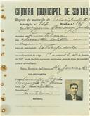 Registo de matricula de velocipedista em nome de Joaquim Domingos Gaucho, morador em Montelavar, com o nº de inscrição 927.