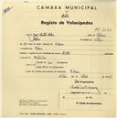 Registo de velocípede de marca Aríete, com o nº 2474, em nome de José Santos Silva, morador em Colares.