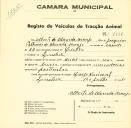 Registo de um veiculo de duas rodas tirado por um animal de espécie asinina destinado a transporte de mercadorias em nome de Alberto de Almeida Araújo, morador em Queluz.