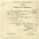 Registo de velocípede de marca Mauritania, com o nº 2365, em nome de Domingos Joaquim Janota, morador em Pero Pinheiro.