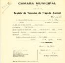 Registo de um veiculo de duas rodas tirado por dois animais de espécie bovina destinado a transporte de mercadorias em nome de Manuel João Morais, morador em Mem Martins.