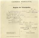 Registo de velocípede de marca Dinar, com o nº 951, em nome de António Joaquim Galamba, morador em Queluz de Baixo.