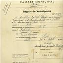 Registo de velocípede com o nº 2159, em nome de Amabelino Jacinto Pereira, morador em Ral.