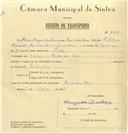 Registo de velocípede com o nº 6601, em nome de Maria Margarida Azevedo Neves Carvalhosa, moradora em Bairro das Flores, Sintra.