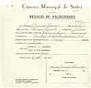 Registo de velocípede com o nº 9219, em nome de Manuel Joaquim Alexandre, morador em Queluz.