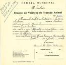 Registo de um veiculo de quatro rodas tirado por um animal de espécie cavalar destinado a transporte de mercadorias em nome de Manuel da Silva Antunes, morador em Rio de Mouro.