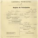 Registo de velocípede de marca Peugeot, com o nº 1292, em nome de José Gomes, morador em Colares.