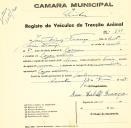 Registo de um veiculo de duas rodas tirado por dois animais de espécie muar destinado a transporte de mercadorias em nome de J. Dinis França, morador em Casas Novas.