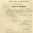 Registo de velocípede de marca Toman, com o nº 714, em nome de António Bernardo da Silva, morador em Agualva.
