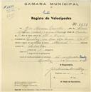 Registo de velocípede de marca Nacional, com o nº 1699, em nome de João Moreira Carvalho, morador em Queluz.
