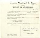 Registo de velocípede de marca Raio, com o nº 9167, em nome de António Paulo Pedroso, morador em Várzea de Sintra.