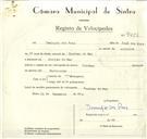 Registo de velocípede de marca Zundap, com o nº 9452, em nome de Domingos dos Reis, morador em Azenhas do Mar.