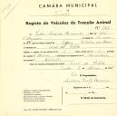 Registo de um veiculo de duas rodas tirado por dois animais de espécie bovina destinado a transporte de mercadorias em nome de Pedro Almeida Fernandes, morador no Casal da Portela.