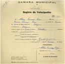 Registo de velocípede de marca Felostban com o nº 383, em nome de Albino Francisco Rosa, morador em Godigana.