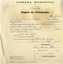 Registo de velocípede com o nº 1762, em nome de Luís Simões Pires, morador em Praia das Maçãs.