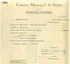 Registo de velocípede de marca Royal, com o nº 9897, em nome de António Filipe, morador em Algueirão.