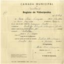 Registo de velocípede com o nº 2841, em nome de Rosa Alves Marques, moradora em Sintra.