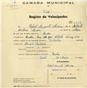 Registo de velocípede de marca Bottechia, com o nº 1542, em nome de Rafael Augusto Moreira, morador na Rua Dr. José Alberto Ferraz nº 19, Queluz.