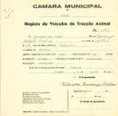 Registo de um veiculo de duas rodas tirado por um animal de espécie asinina destinado a transporte de mercadorias em nome de Vitorino Luís Patrão, morador em Odrinhas.