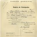 Registo de velocípede de marca Meteor, com o nº 641, em nome de Álvaro Martires Azevedo, morador na Rua das Padarias nº 1, Sintra.